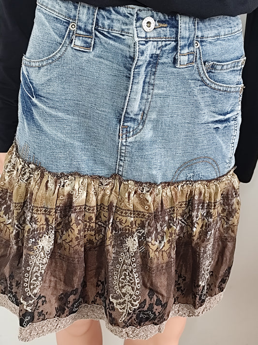 Jupe en Jean & Dentelle Choklate Paris – Style Bohème Chic - Taille 40