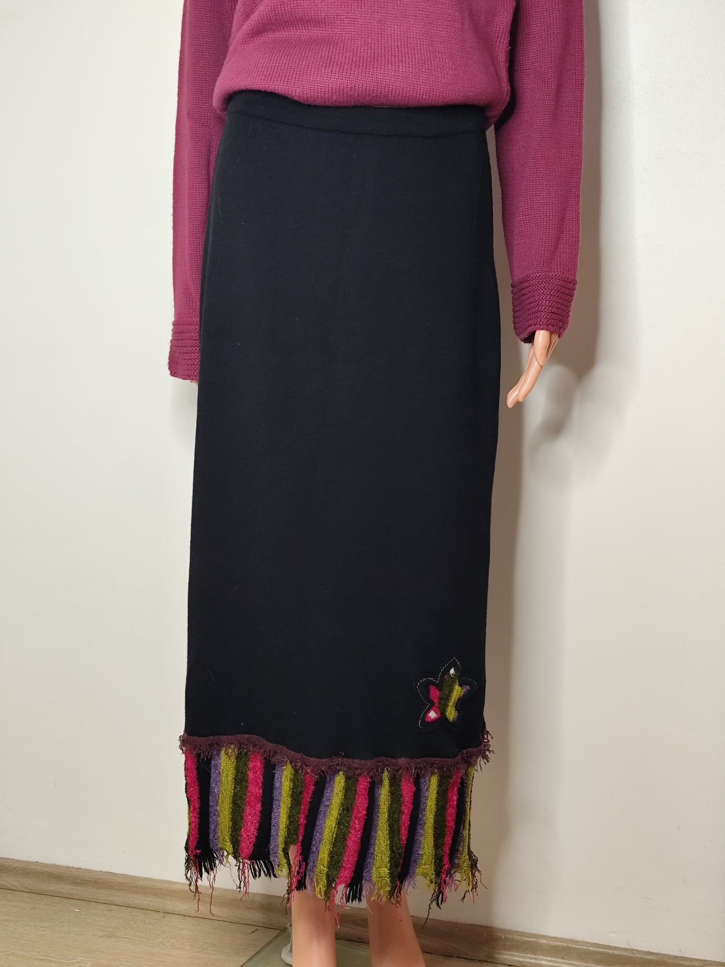 Jupe en laine longue noire à franges  Olivier Philips - taille 38/40