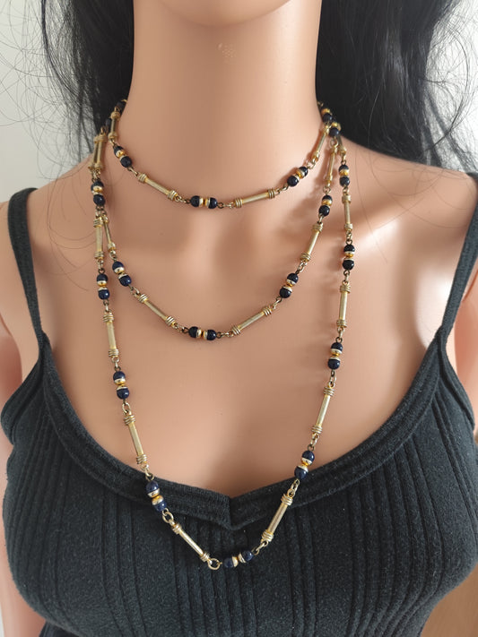 Parure Vintage Années 80/90 – Collier Sautoir & Boucles d’Oreilles – Perles Bleu Nuit & Doré