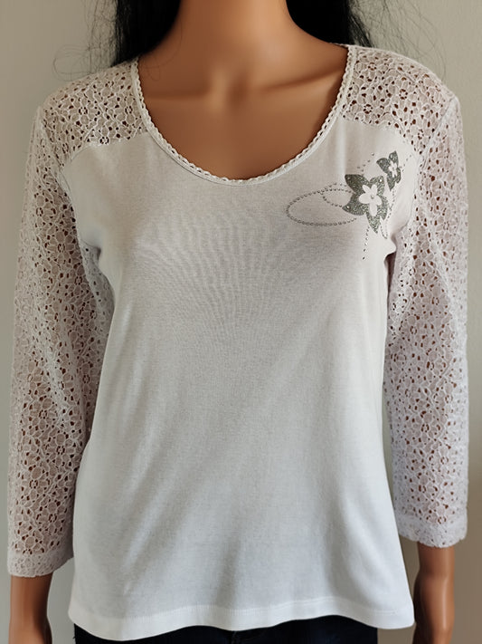 ✨ T-shirt blanc manches 3/4 dentelle – Élégance & confort - Taille 38/M ✨