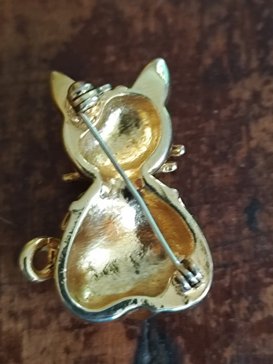 Broche vintage chat doré strass