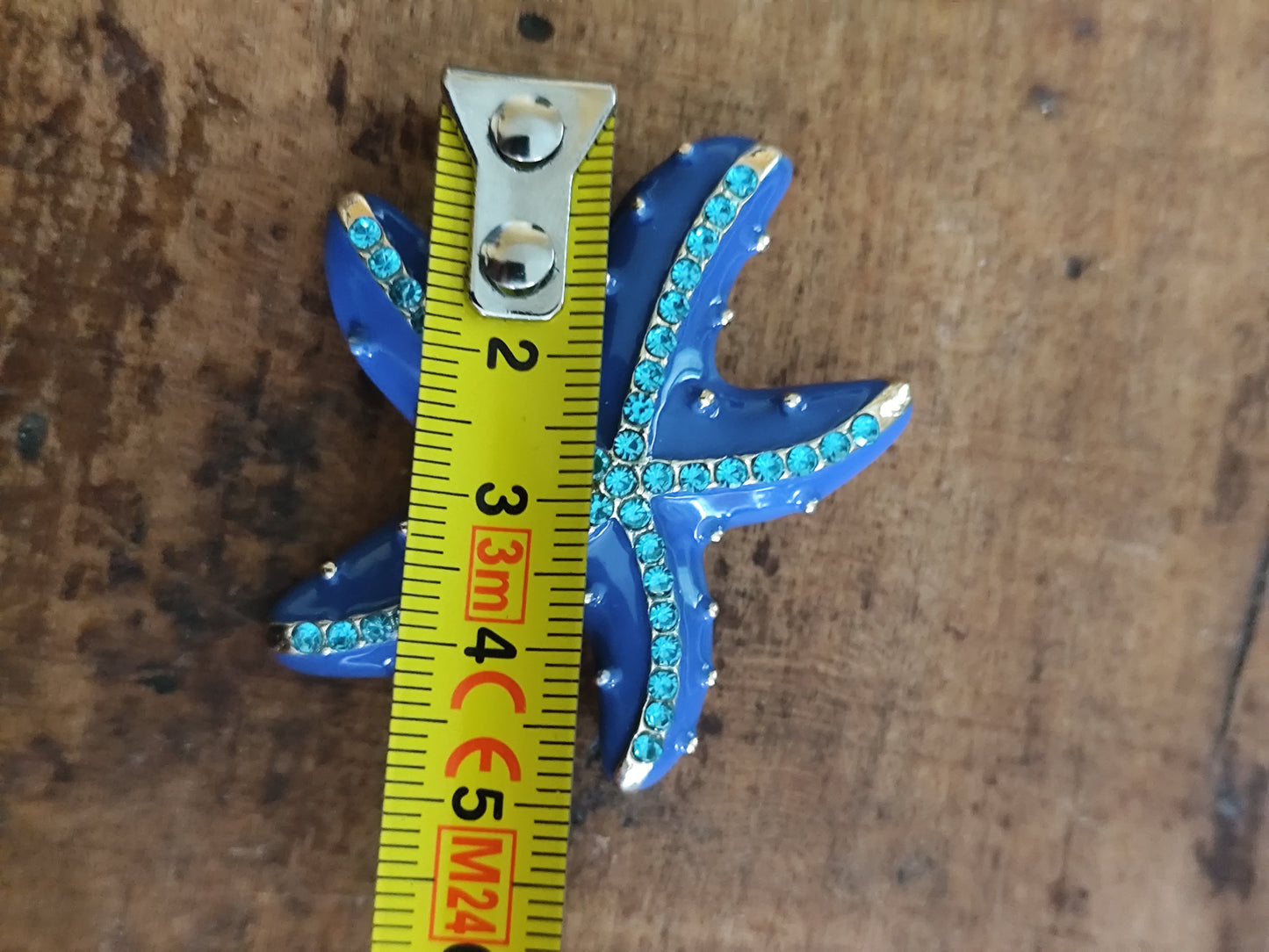 Broche vintage étoile de mer émail bleu et strass turquoise