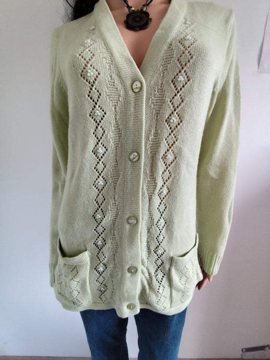 Gilet vert amande Afibel maille ajourée et perles nacrées - taille 38/40