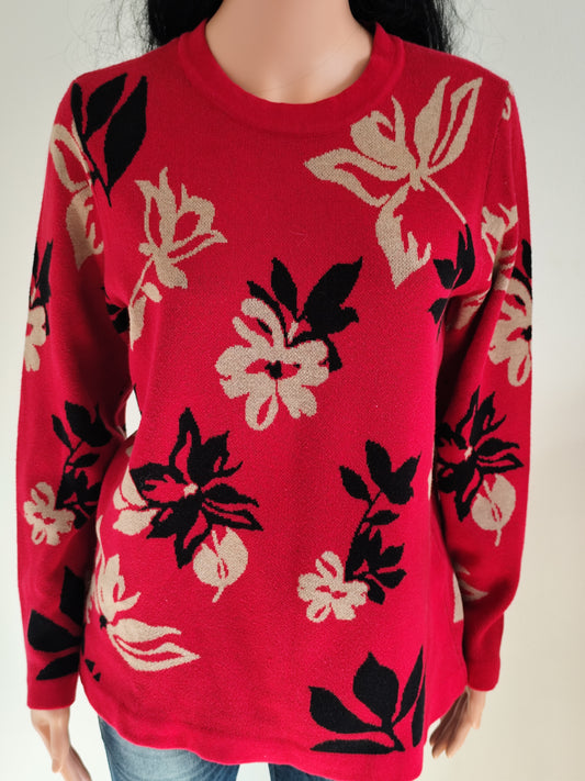 Pull coupe droite rouge à motifs fleurs Brandtex – Taille 38/40