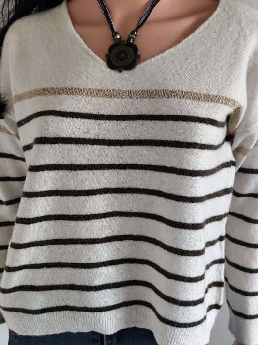 Pull marinière kaki et beige rayé laine mérinos et cachemire - taille 38/40