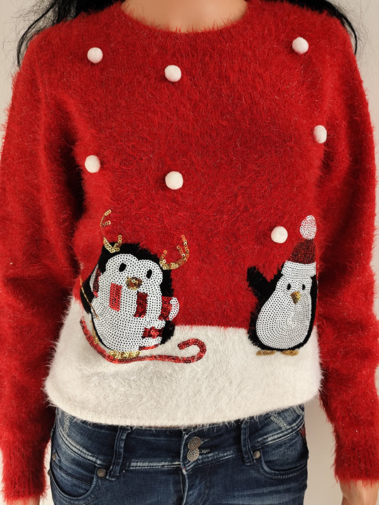 Pull de Noël rouge – pingouin & renne – T. 38/40