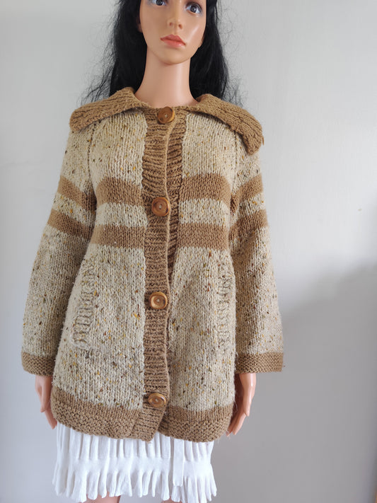 Gilet épais tricoté main - marron et beige chiné – Taille 40/42