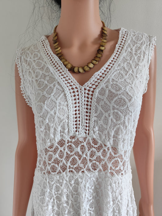 ✨ Robe bohème blanche ajourée – coton & charme vintage – T. 36/38