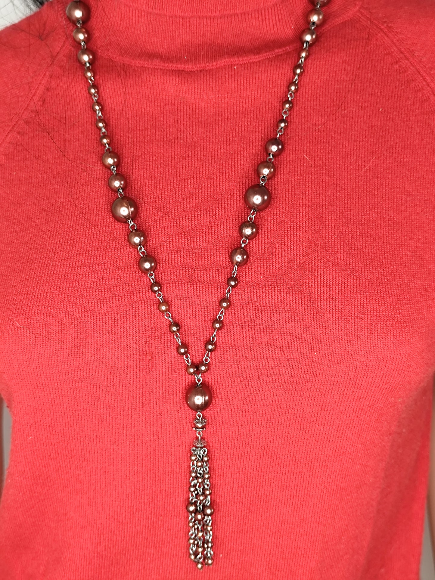 Long Collier  Perlé Marron avec Pampilles – Élégance Bohème et Intemporelle