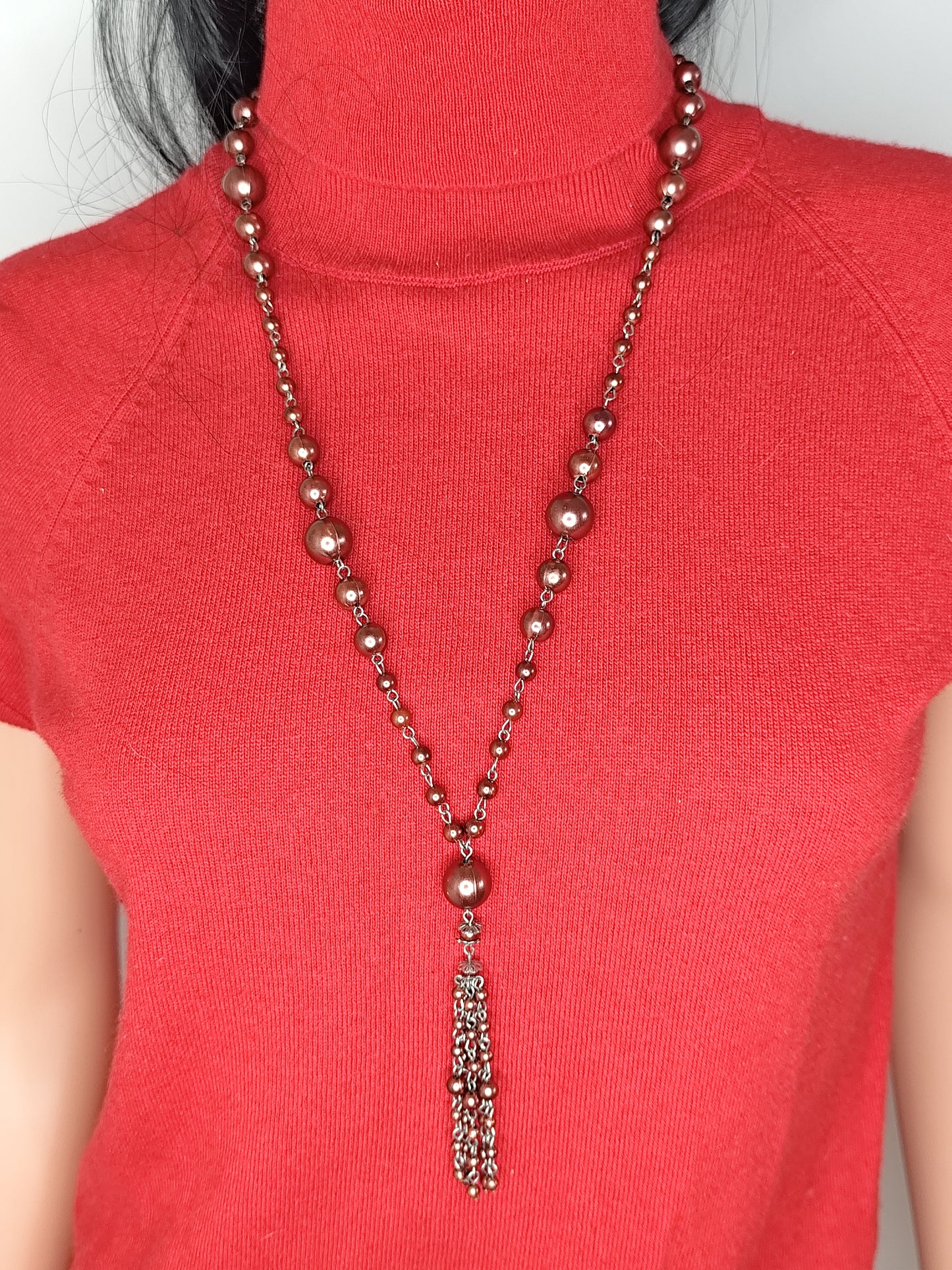 Long Collier  Perlé Marron avec Pampilles – Élégance Bohème et Intemporelle