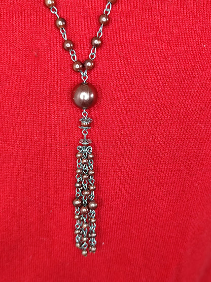 Long Collier  Perlé Marron avec Pampilles – Élégance Bohème et Intemporelle