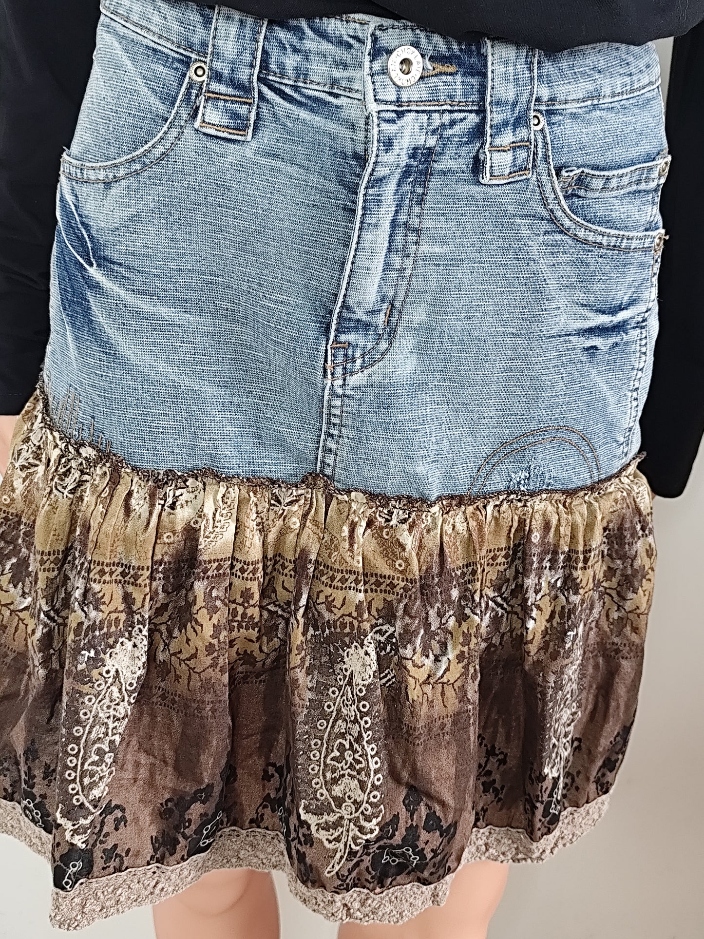 Jupe en Jean & Dentelle Choklate Paris – Style Bohème Chic - Taille 40