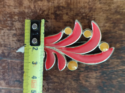 Broche vintage en forme de feuille émaillée rouge et jaune