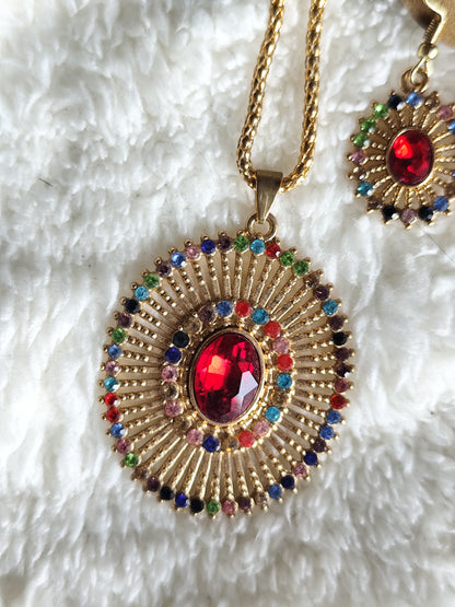 Parure collier et boucles d'oreilles soleil bohème strass multicolores