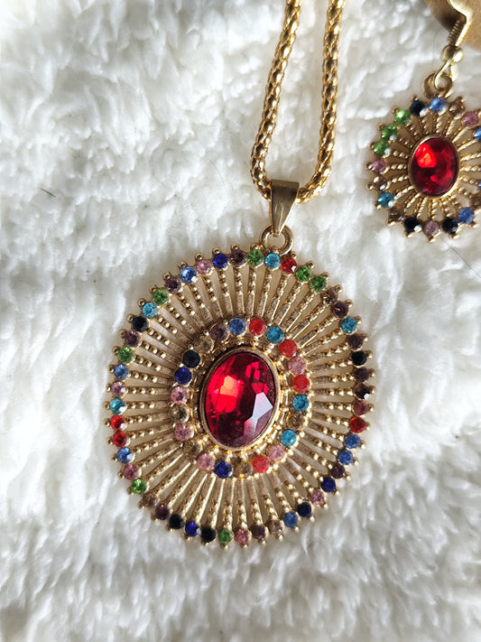 Parure collier et boucles d'oreilles soleil bohème strass multicolores