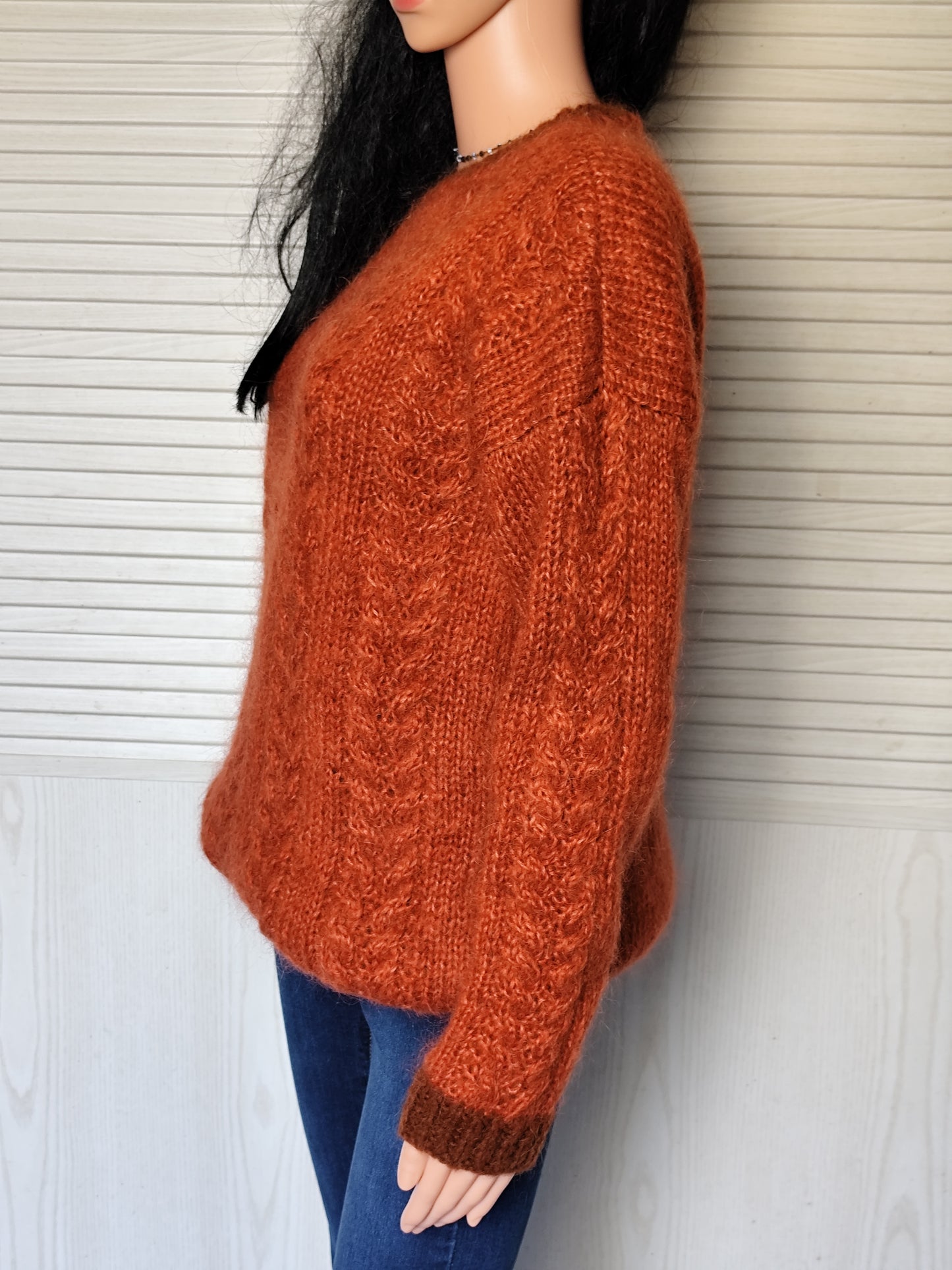 Pull vintage tricoté main rouille à torsades - Taille 40/42 ou 36/38 oversize