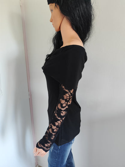 Top noir épaules dénudées manches dentelle – Joseph Ribkoff – taille 40