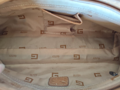 Sac à main porté épaule Glitzy - Imprimé monogramme et finitions camel
