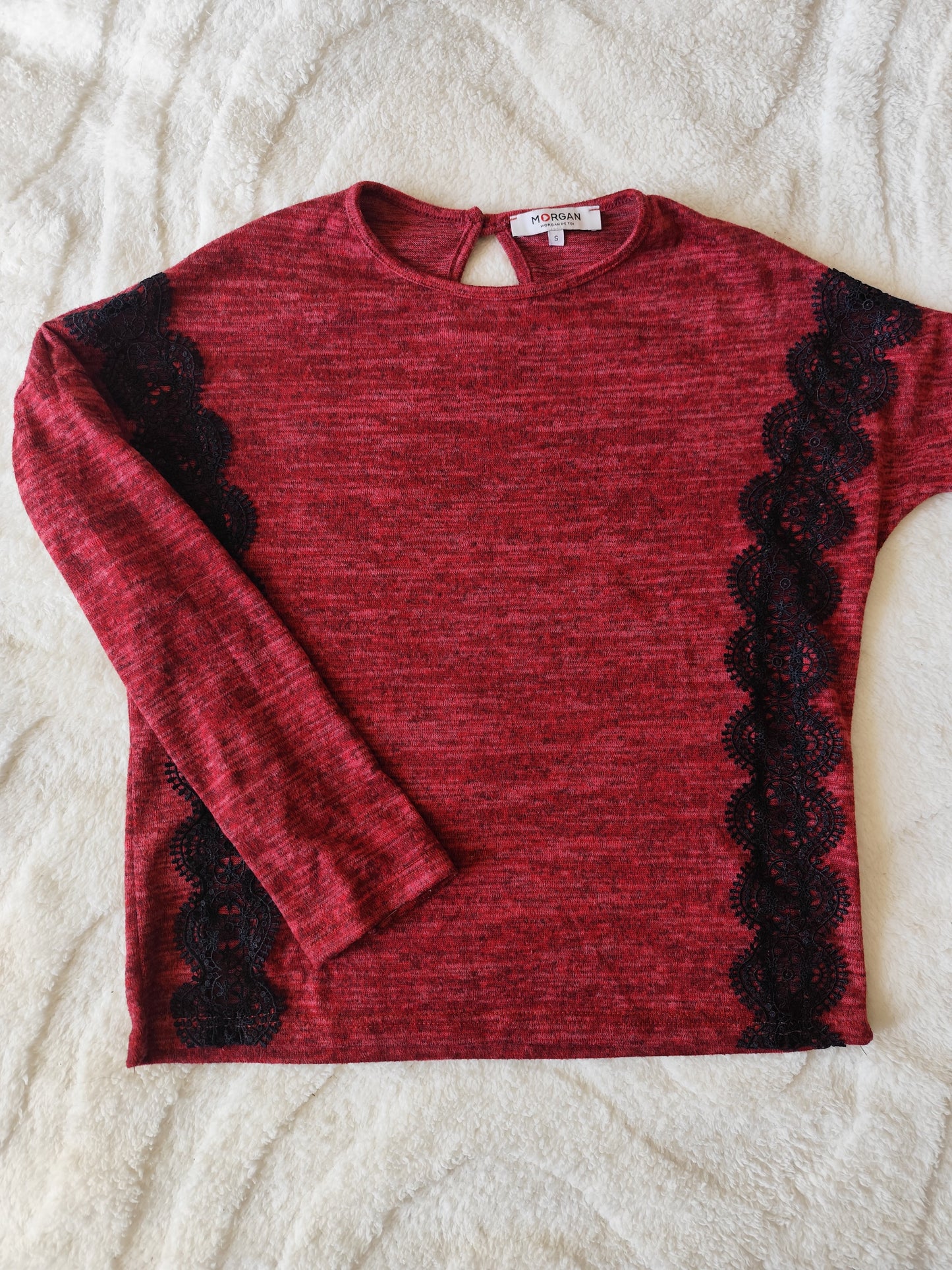 Top rouge chiné avec dentelle noire – Morgan – Taille S (convient M)