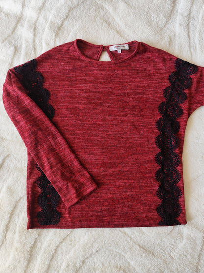 Top rouge chiné avec dentelle noire – Morgan – Taille S (convient M)