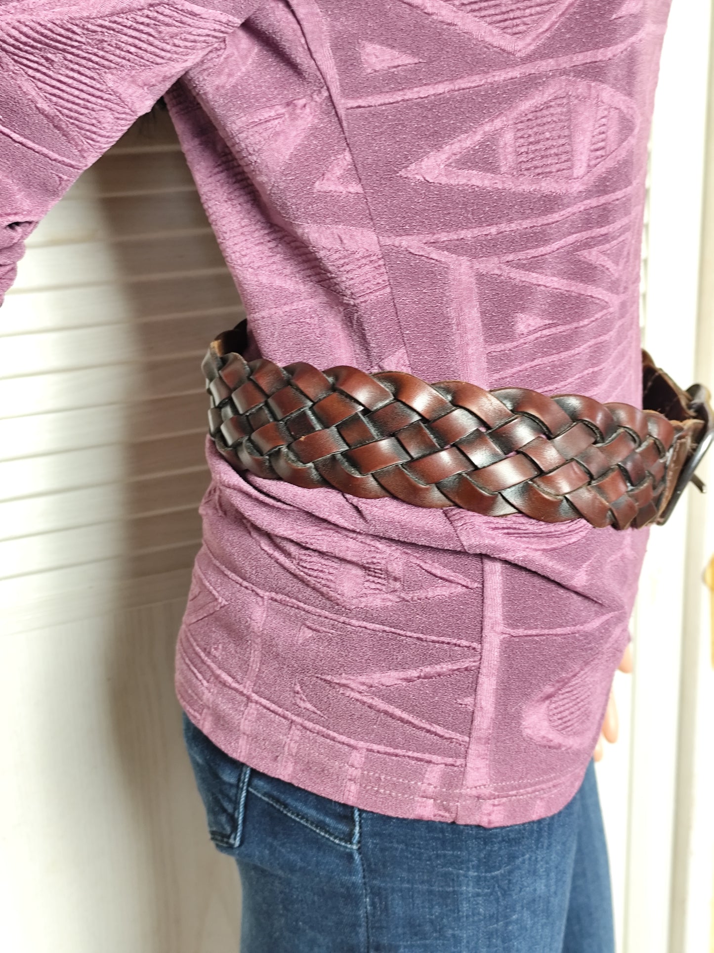 Ceinture vintage en cuir tressé marron - 90 cm