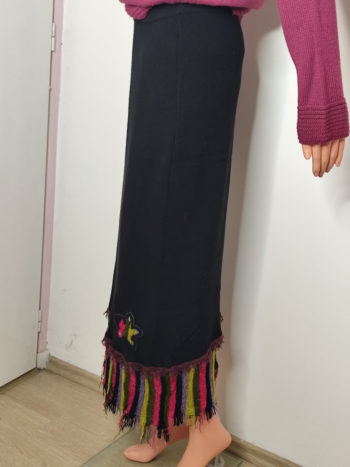 Jupe en laine longue noire à franges  Olivier Philips - taille 38/40