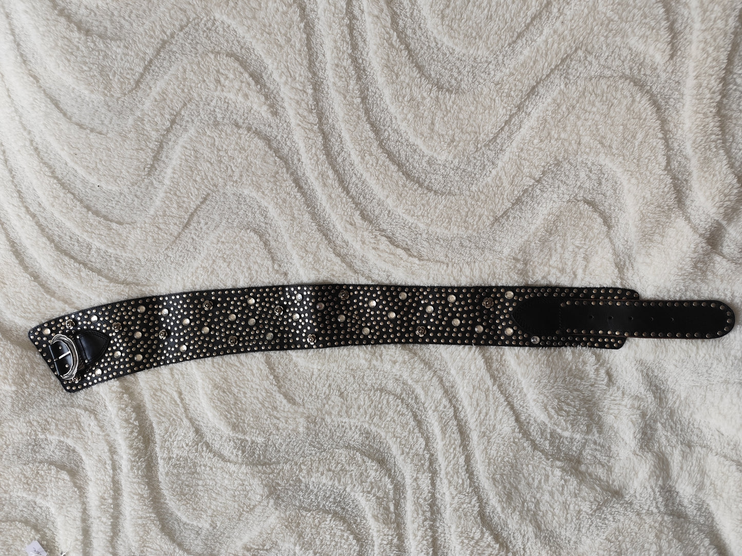 🖤 Ceinture large cuir cloutée & strass vintage 1985  – made in France - 90 cm