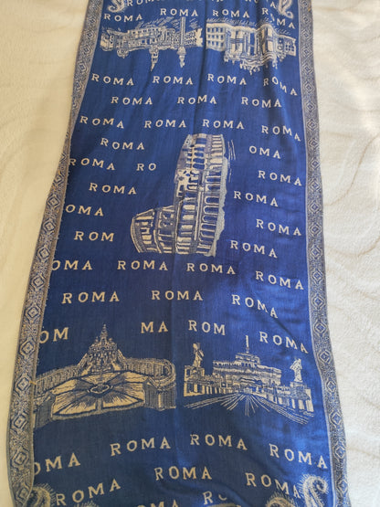 Grande écharpe vintage bleu imprimé Roma – 192x69 cm