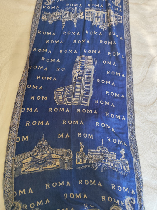 Grande écharpe vintage bleu imprimé Roma – 192x69 cm