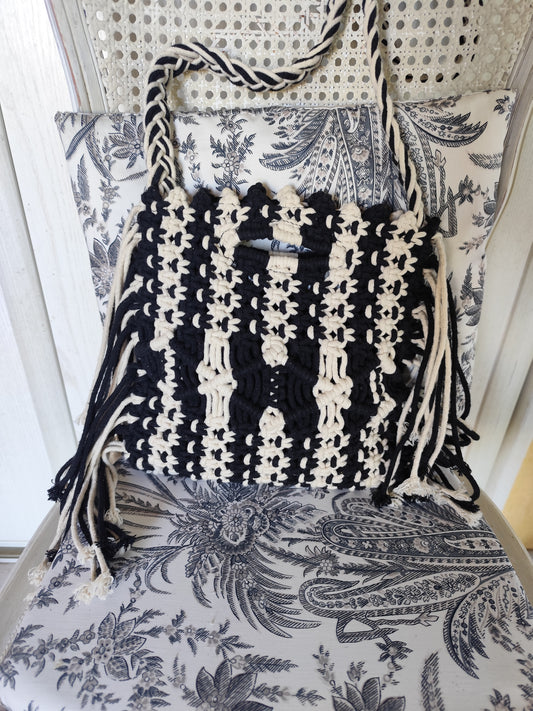 Sac bandoulière & main en macramé bicolore Noir & Écru - Collection Pimkie