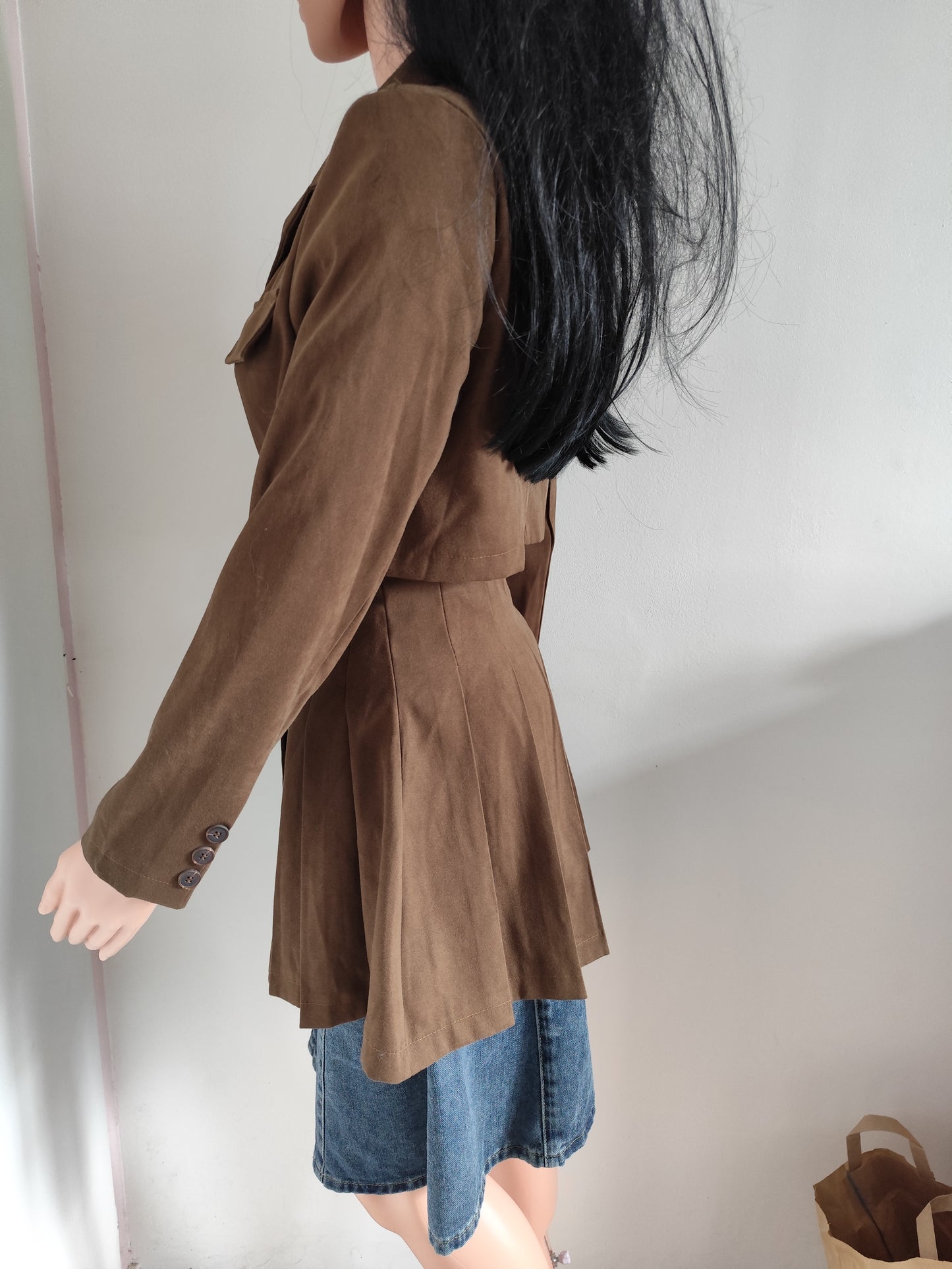 Veste cintrée longue style redingote chocolat – Taille S