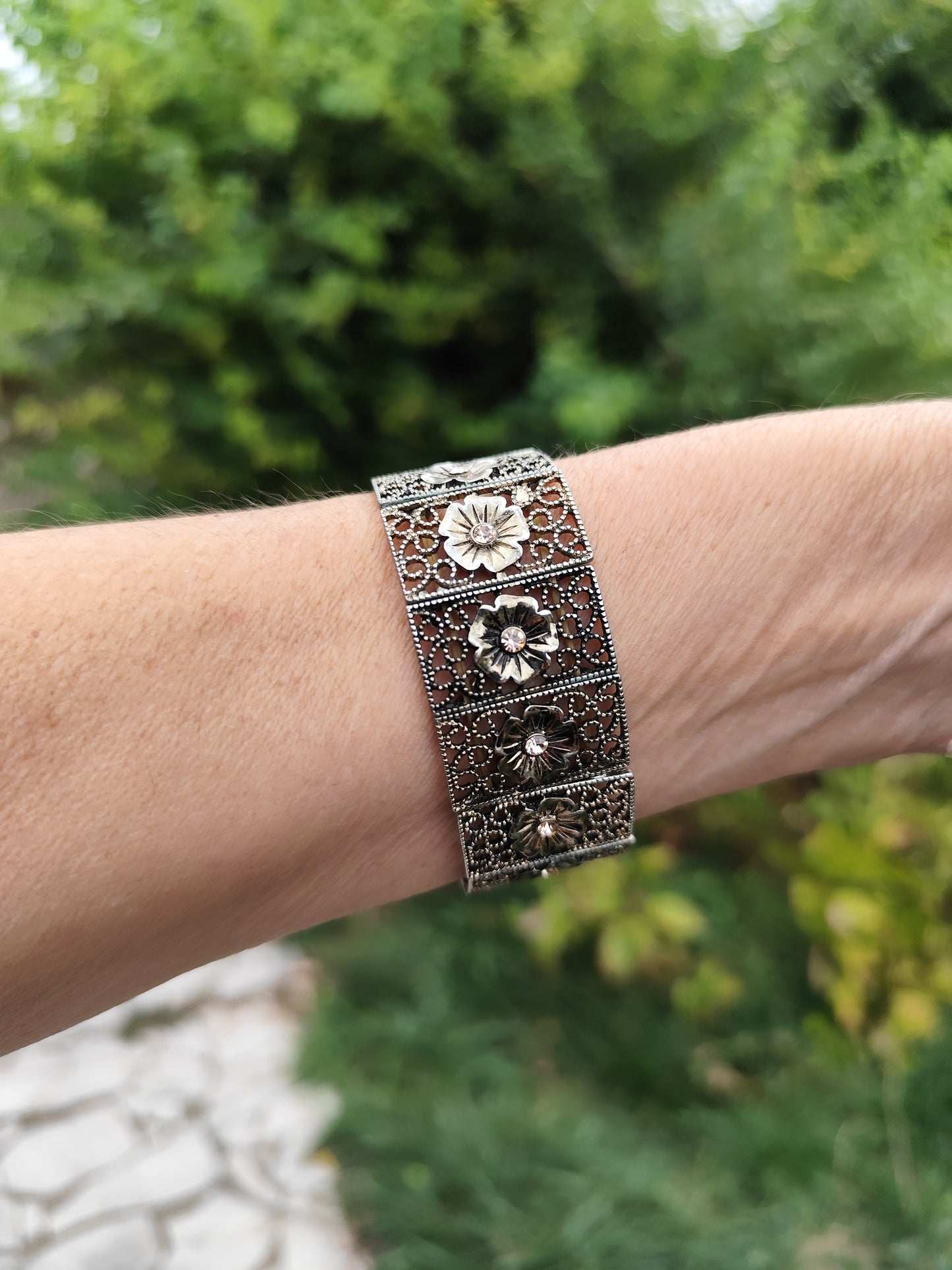 Bracelet vintage élastiqué argent vieilli