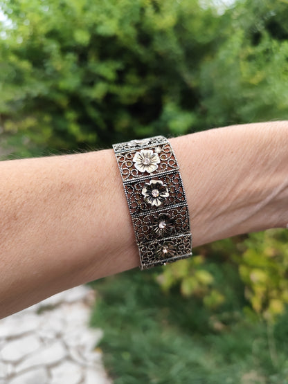 Bracelet vintage élastiqué argent vieilli