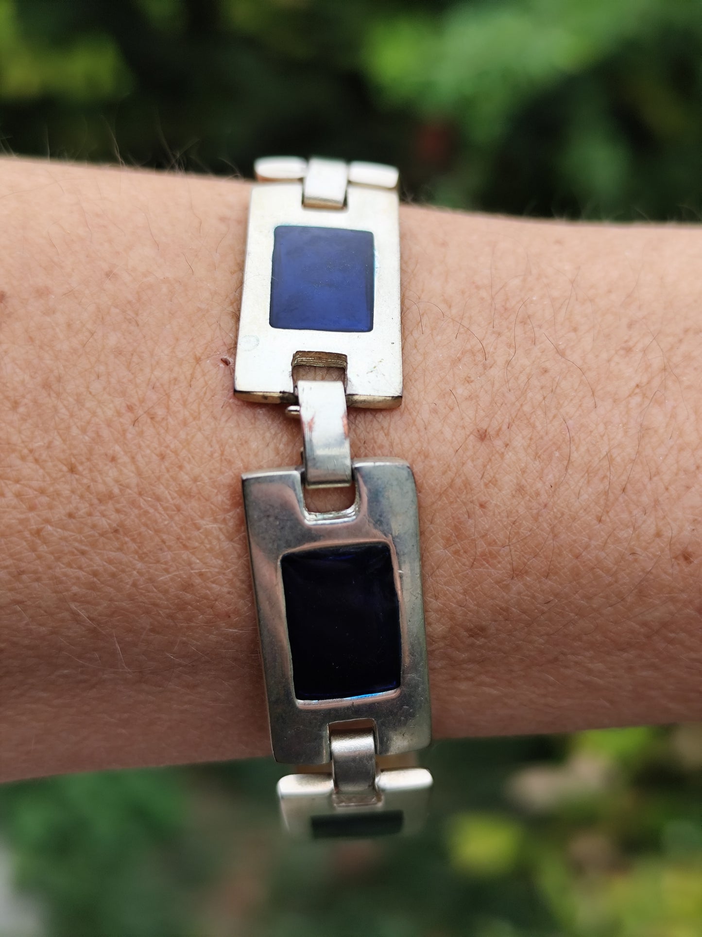 Bracelet vintage argenté à maillons rectangulaires bleu