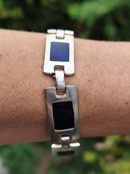 Bracelet vintage argenté à maillons rectangulaires bleu