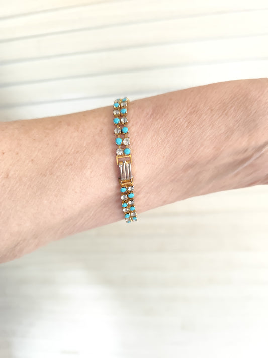Bracelet doré vintage double rang perles turquoise et cristaux