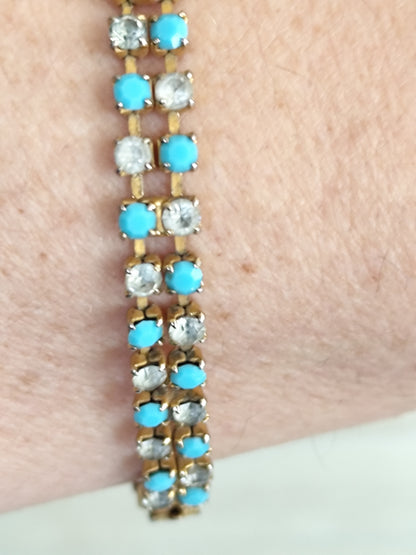 Bracelet doré vintage double rang perles turquoise et cristaux
