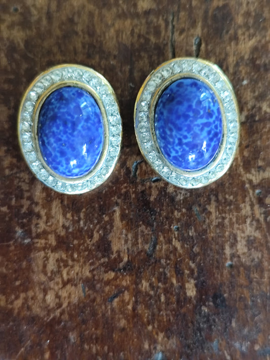 Boucles d’oreilles ovales bleues à strass – Vintage années 80