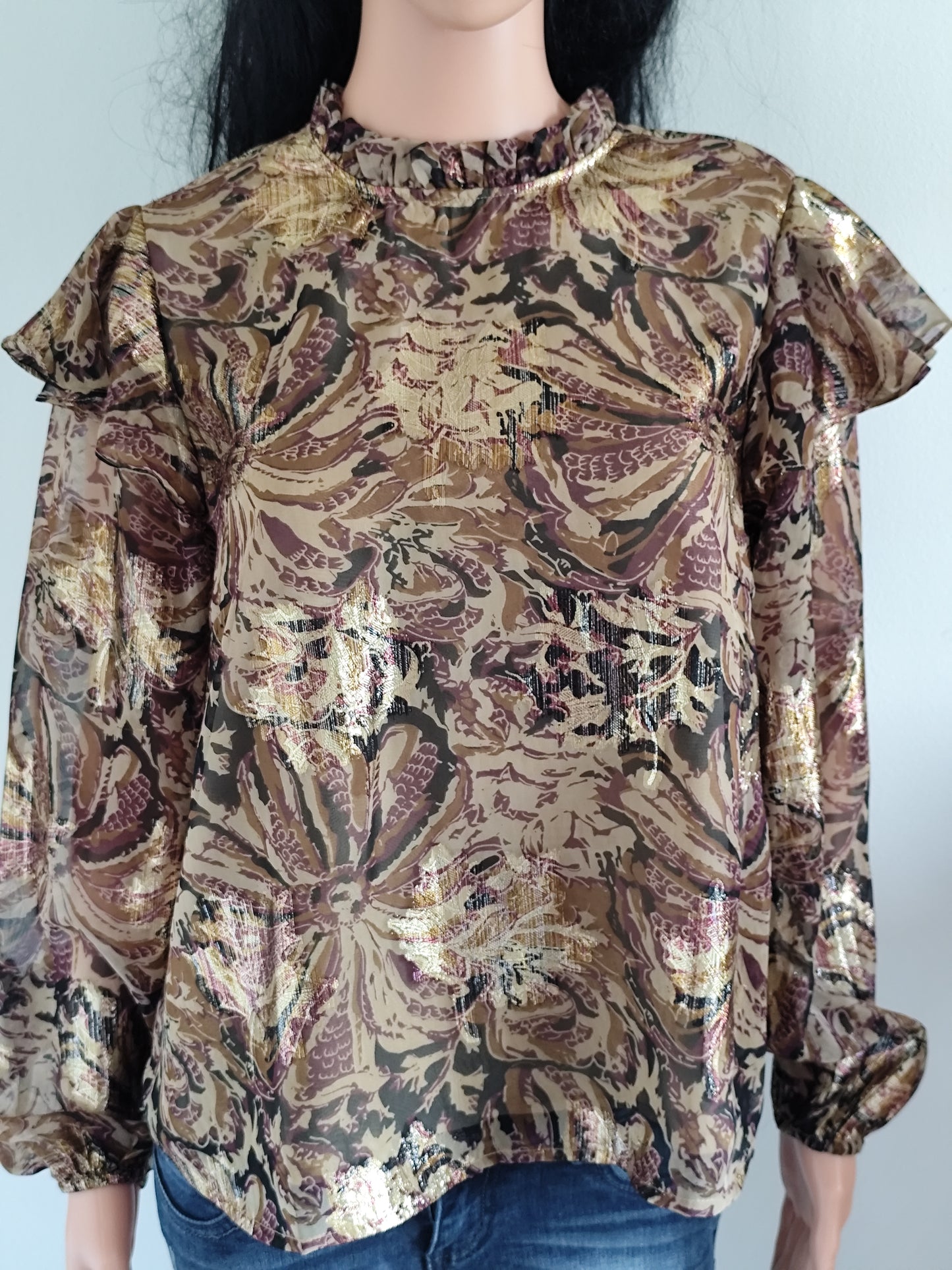 Blouse imprimée marron dorée fluide – Object – taille 36/38