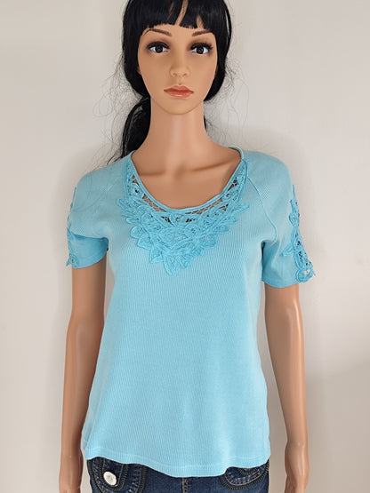 🌿 Haut bleu ajouré en coton – Damart - Taille 38/40 🌿