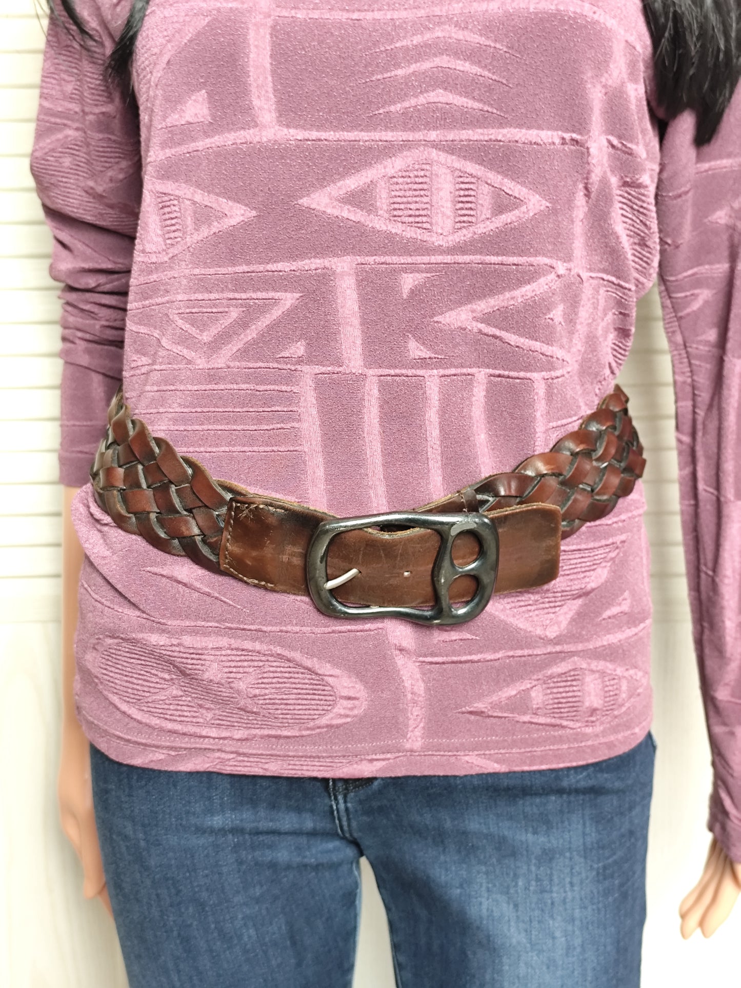 Ceinture vintage en cuir tressé marron - 90 cm