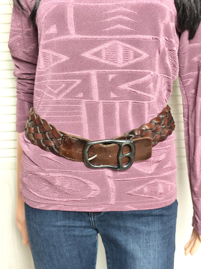 Ceinture vintage en cuir tressé marron - 90 cm