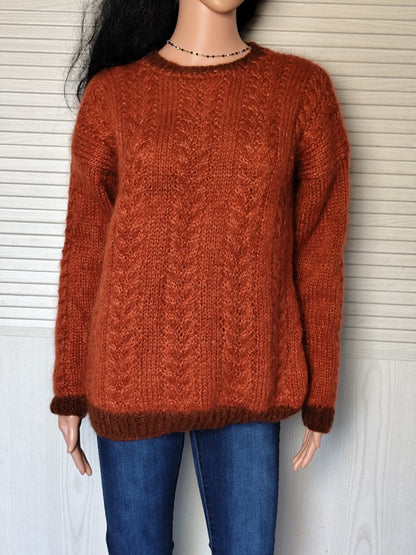 Pull vintage tricoté main rouille à torsades - Taille 40/42 ou 36/38 oversize
