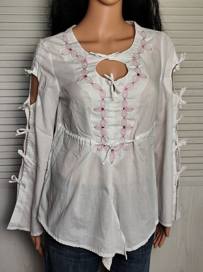 Blouse bohème blanche Ligne à suivre - Détails brodés et liens - Taille 38
