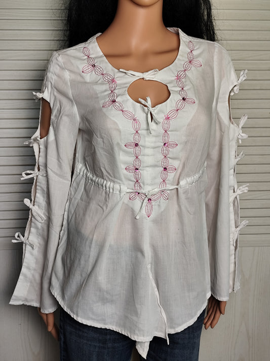 Blouse bohème blanche Ligne à suivre - Détails brodés et liens - Taille 38