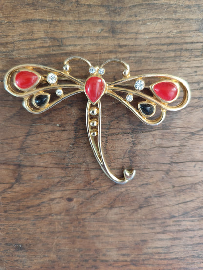 Grande broche libellule dorée émail rouge et noire
