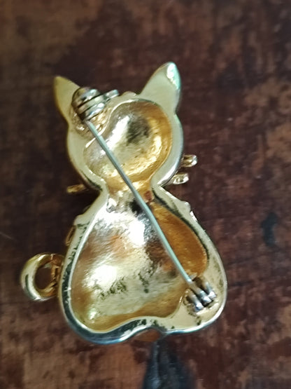 Broche vintage chat doré strass