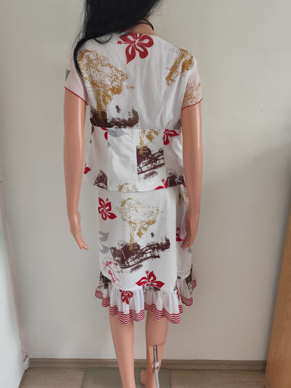 Tailleur Paul Brial – motif floral rouge & chocolat – Taille 3/40 haut et 4/42 jupe