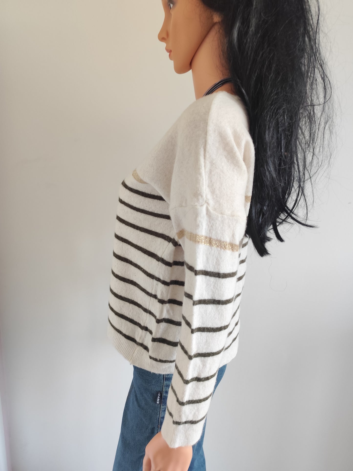 Pull marinière kaki et beige rayé laine mérinos et cachemire - taille 38/40