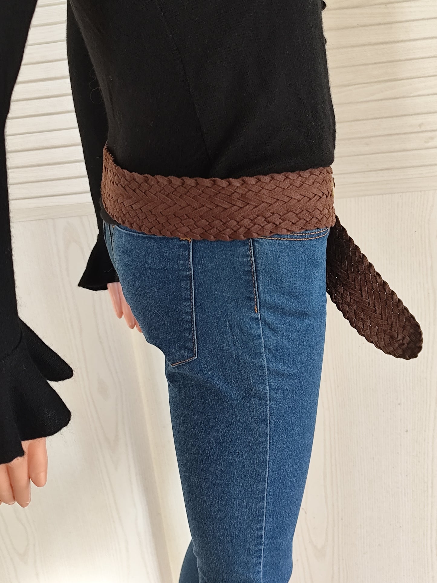 Ceinture large tressée marron effet daim - 108 cm hors boucle